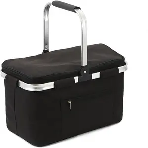 30L Large Picnic Basket, Foldable and Insulated Wild Outdoor Camping Picnic Large Capacity Picnic Basket with Handle for Picnic, Takeout, Shopping, Camping, Traveling (Black)