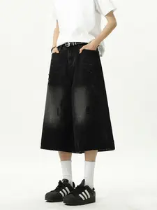 Men's Casual Loose Wide Leg Denim Shorts, All Seasons Street Style, Pure Color Pocket Design, Versatile Straight Fit Jeans