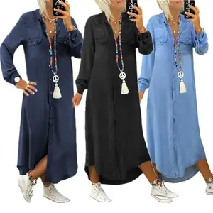 DenimLongDressShirtCollarDenimCasualDressLongDress