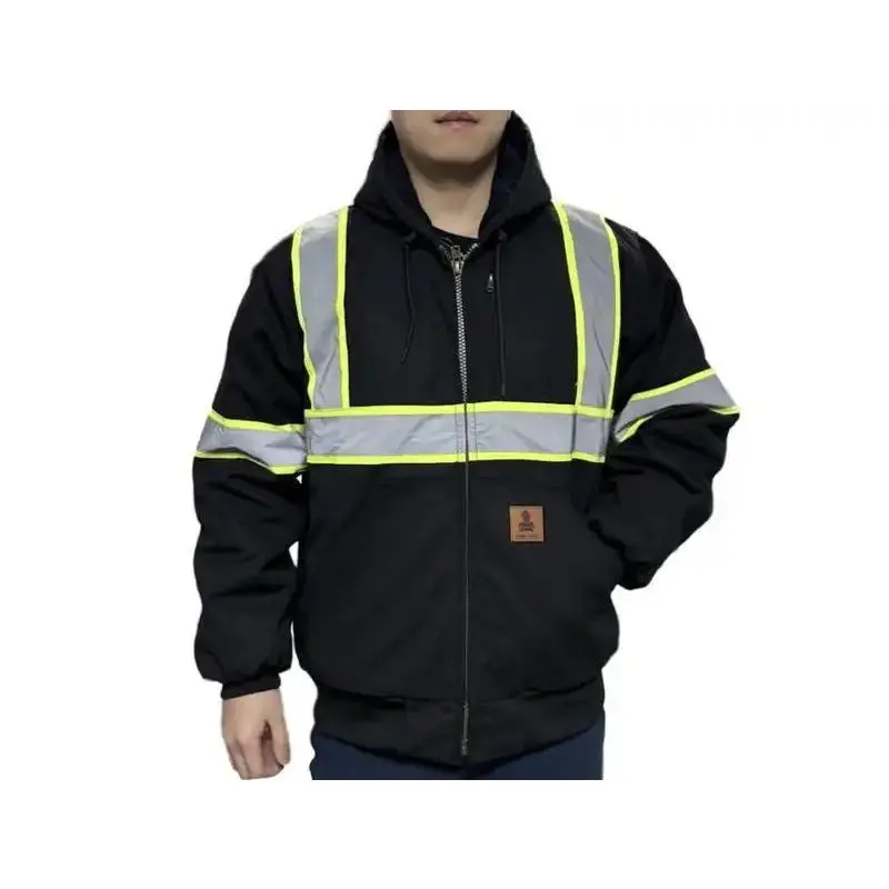 Reflective Heavy Duty Quilted Flannel Lined Waterproof Active Jacket Hooded Work Coat Cotton Casual for Men - Tops