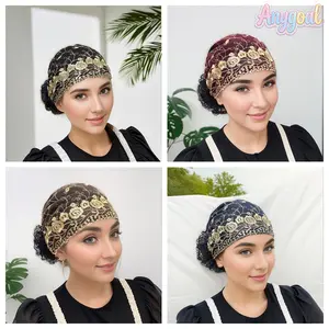 Anygoal Women's Floral Embroidered Lace Turban Cap, Stretchy Mesh Breathable Headscarf, Volumizer Cap Bohemian Style Lace Trim Headwrap for Muslim Hijab, Everyday Wear, Casual Outings and Hair Covering summervibes