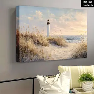 2D Flat White Lighthouse Behind Dunes with Seagrass |   Framed Canvas Painting Poster, Perfect for Wall Decor, Room Decoration, Living Room, Winter Spring, Bathroom, Valentine'S Day, Universal Holidays, Art Deco Style, Reusable	