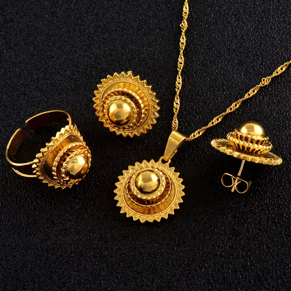 Elegant Ethiopian Sunburst 3pc Jewelry Set - 24KGP Pendant Necklace, Matching Earrings & Ring, Gold Jewelry Aesthetic, Bling Style, 13 Months of Sunshine Detail, Free Size, All Ages for Habesha Weddings