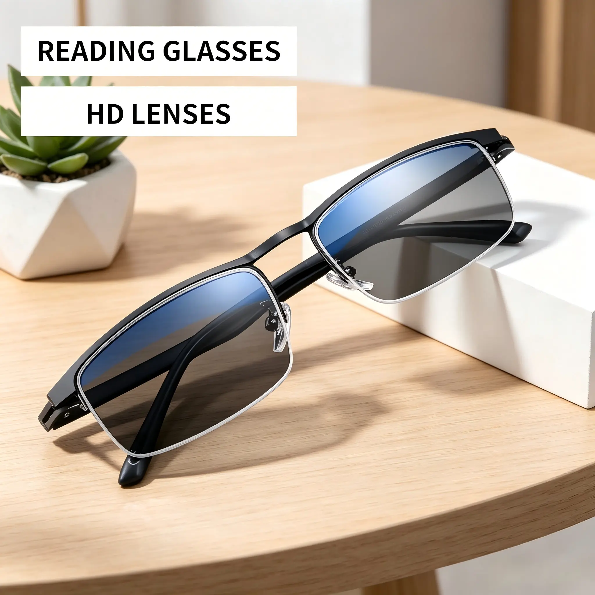 2-in-1 Progressive Multi-Focus Metal Semi-Rim Sports Reading Glasses, Smooth & Adjustable, Classic Stylish, Dual Function, Daily/Indoor-Outdoor Use, 3 Colors Available, Choose Power 100°-400°, Includes Glasses Case