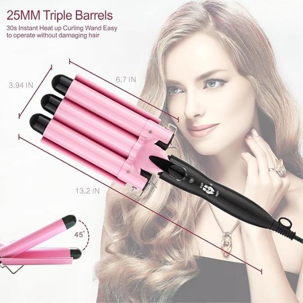 3 Barrel Curling Iron, 1 Inch Crimper Hair Tool for Women with Two Temperature Settings for Comfortable Curling Waves - Curler Comfort Comfort Quick Styling Even Heat Distribution