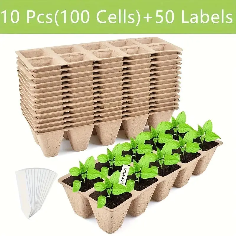 100 Paper PEAT Flower Pots | Retro Style Seed Culture Pots and Trays with 50 Labels, Multiple Components, for Indoor and Outdoor Planting, Transplant Tools, Germination Start-up Kit