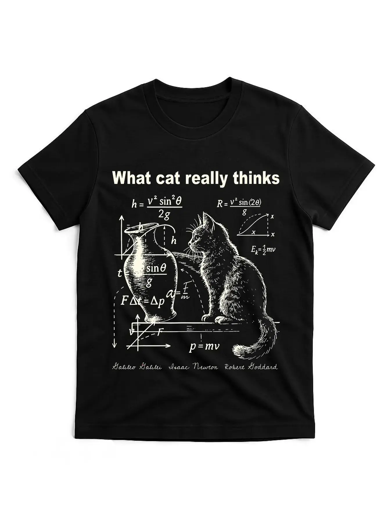 Unisex Cool Graphic Tee, Cat and Physics Joke Design with Kinematic Equations,  Gift for Science Students, Teachers, and Cat Owners in Daily Life