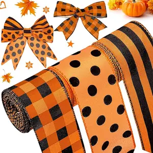 3 Rolls Orange and Black Burlap Ribbon Autumn Wired Ribbons Fall Plaid Wrapping Thanksgiving Dot Pattern Striped Ribbons for Halloween Christmas DIY Crafts Party Decor, 2.5 Inch x 15 Yards