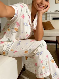 Women's Short Sleeve Long Pants Cardigan Pajama Sleepwear Set, Loungewear, Multicolor Floral All over Print, Casual Slim Fit Home Wear, Two-Piece