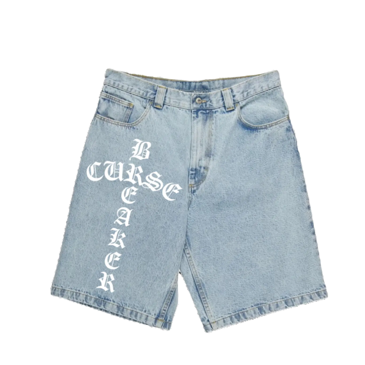REDEMPTION JORTS Baggy Fit 5 Belt Loops 2 Front & 2 Back Pockets Black Leather Patch Christ the Redeemer Curse Breaker and Reconciler