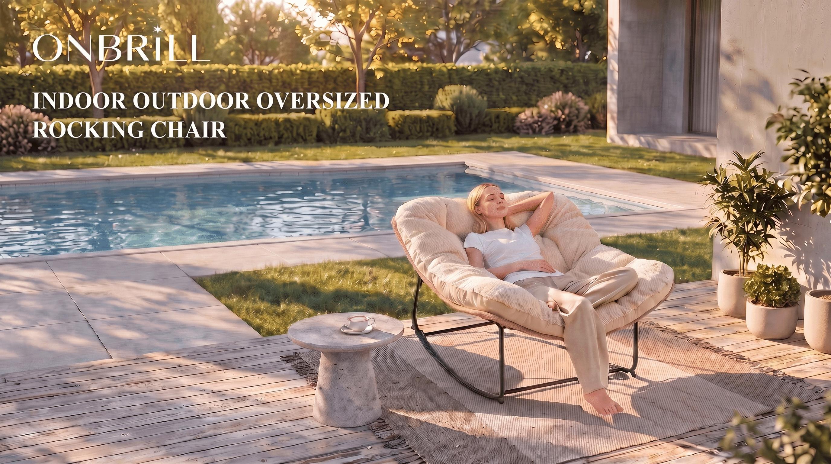 【Double-Side Fabric】ONBRILL Oversized Indoor Outdoor Rocking Chairs, Comfy Papasan Rocking Chair with Padded Cushion, Rattan Wicker Lounge Chair, Modern Reading Accent Chair for Balcony Garden, LivingRoom Furniture,Christmas Gift【SummerFinds】