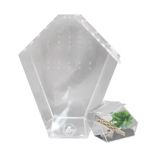 Coffin Shaped Jumping Spider Enclosure 9.5”x7.5”x5” Tarantula Enclosure Reptile Terrarium w/Sliding Magnetic Door. Great Reptile Tank Acrylic Aquarium Spider Box for Terrestrial or Arboreal Animal.