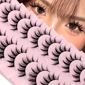 10 Pairs Fluffy Cat Eye False Eyelashes Cross Wispy Spiky 3D Volume, Cosplay Anime Style Fake Lashes Manga Cosplay Lashes Set, Cosmetic Makeup