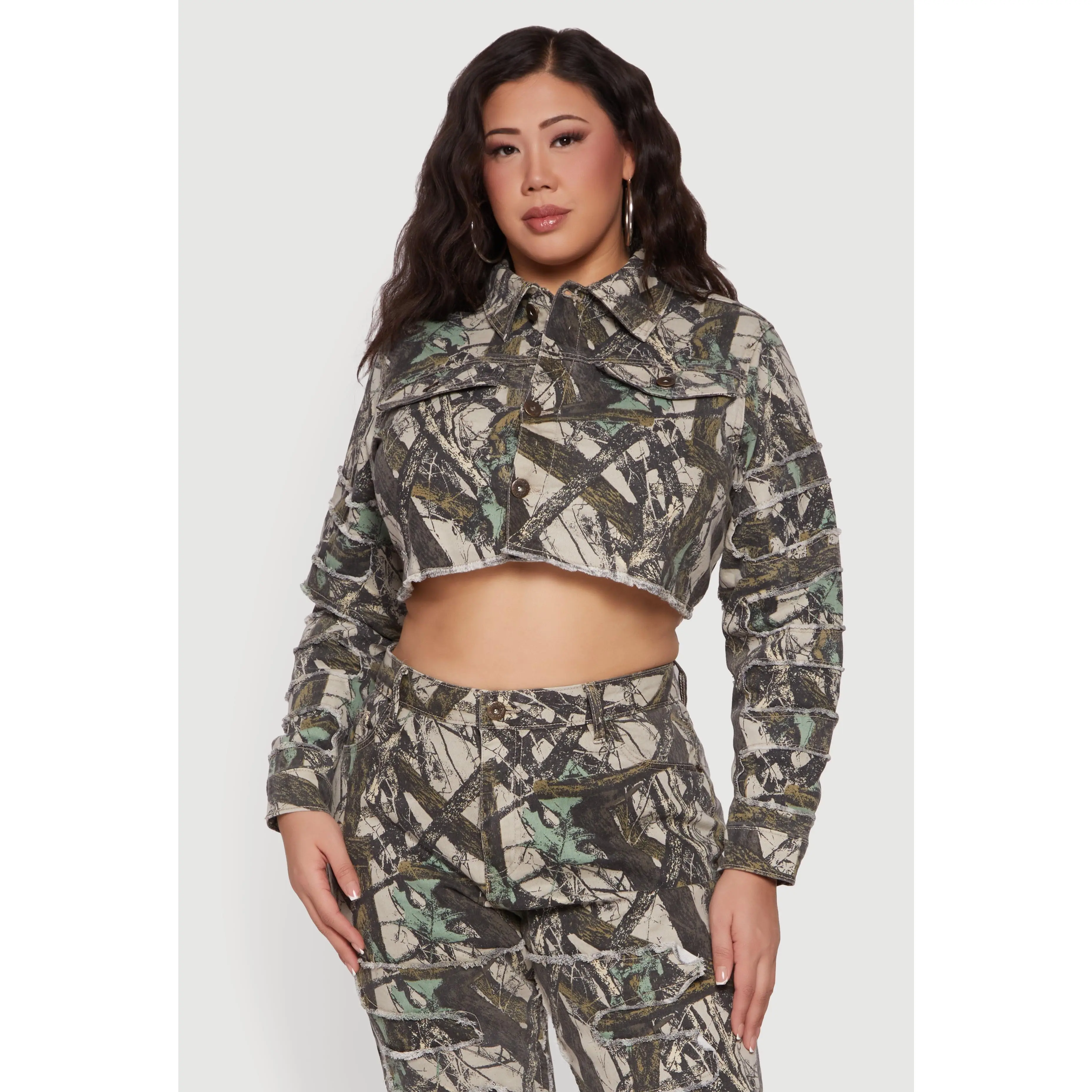 Plus Size Hunter Camo Frayed Patch and Repair Jean Jacket