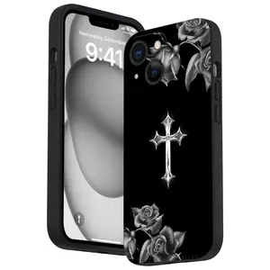 Rose Cross Pattern Straight Edge Phone Case for iPhone 16 15 14 Pro Max 13 12 11 XR XS Plus Shockproof Full Camera Protection Durable slim Silicone Cover