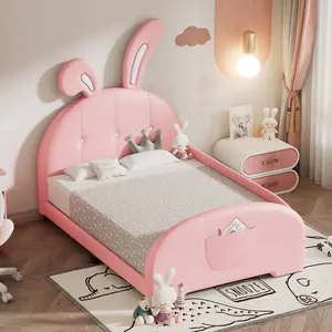 Dreamzon Twin size Upholstered Rabbit-Shape Princess Bed ,Twin Size Platform Bed with Headboard and Footboard,Pink (Old SKU: WF311629AAH)