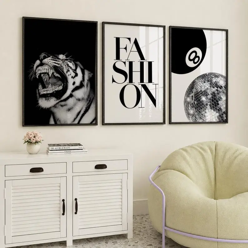 Fashion Wall Art Set of 3, Black White Gallery Wall, Tiger Print, 8 Ball Poster, Chic Modern Decor
