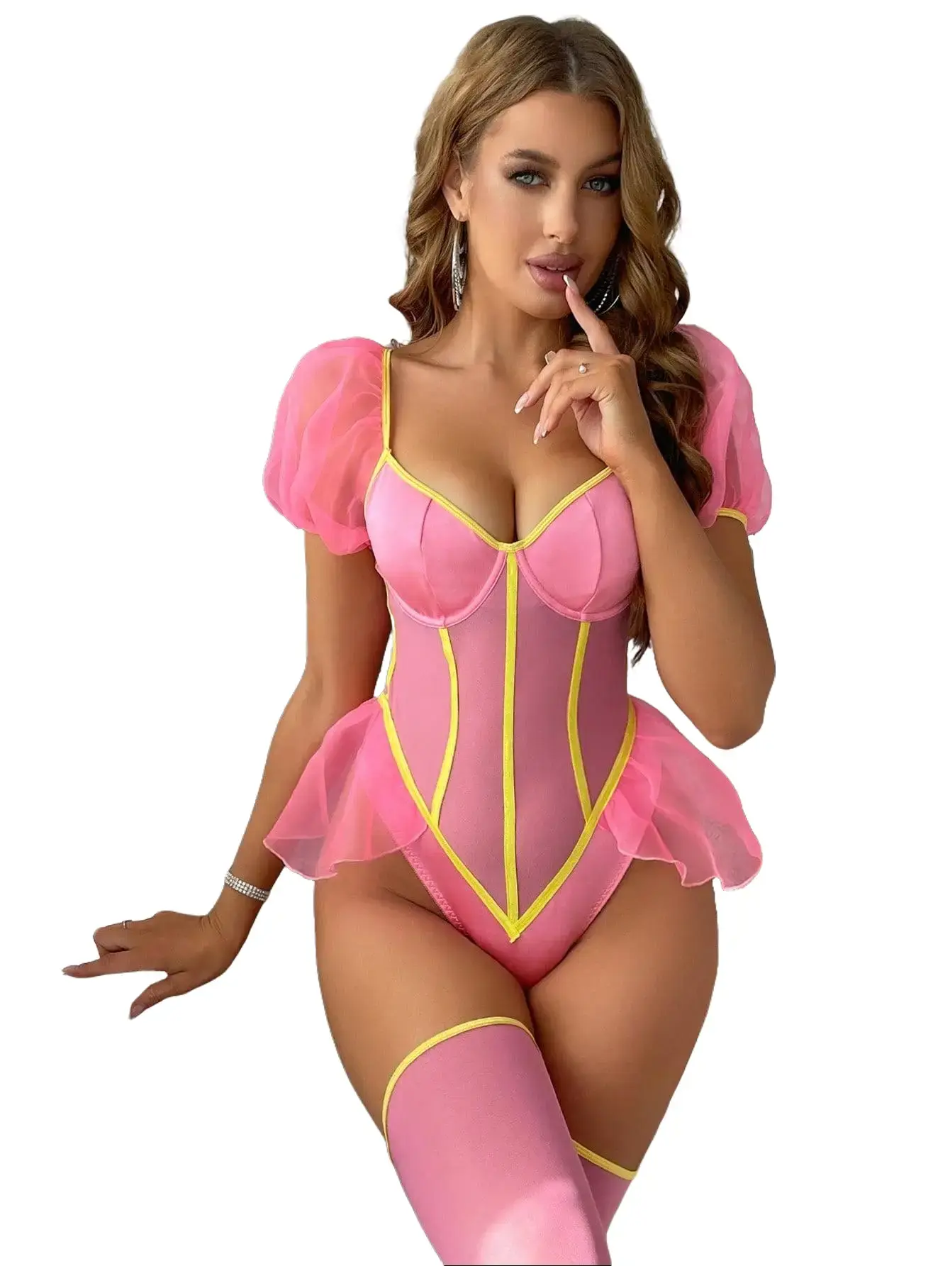 Barbie Pink Sheer Mesh Bodysuit Complete Kit, Neon Yellow Contrast Binding Stitching, Organza Puffy Bubble Short Sleeves, Built-in Underwire Support Cups, Vertical Structural Lines Waist Slimming Design, Ruffled Peplum Hem Decoration, Adjustable Aesthetic