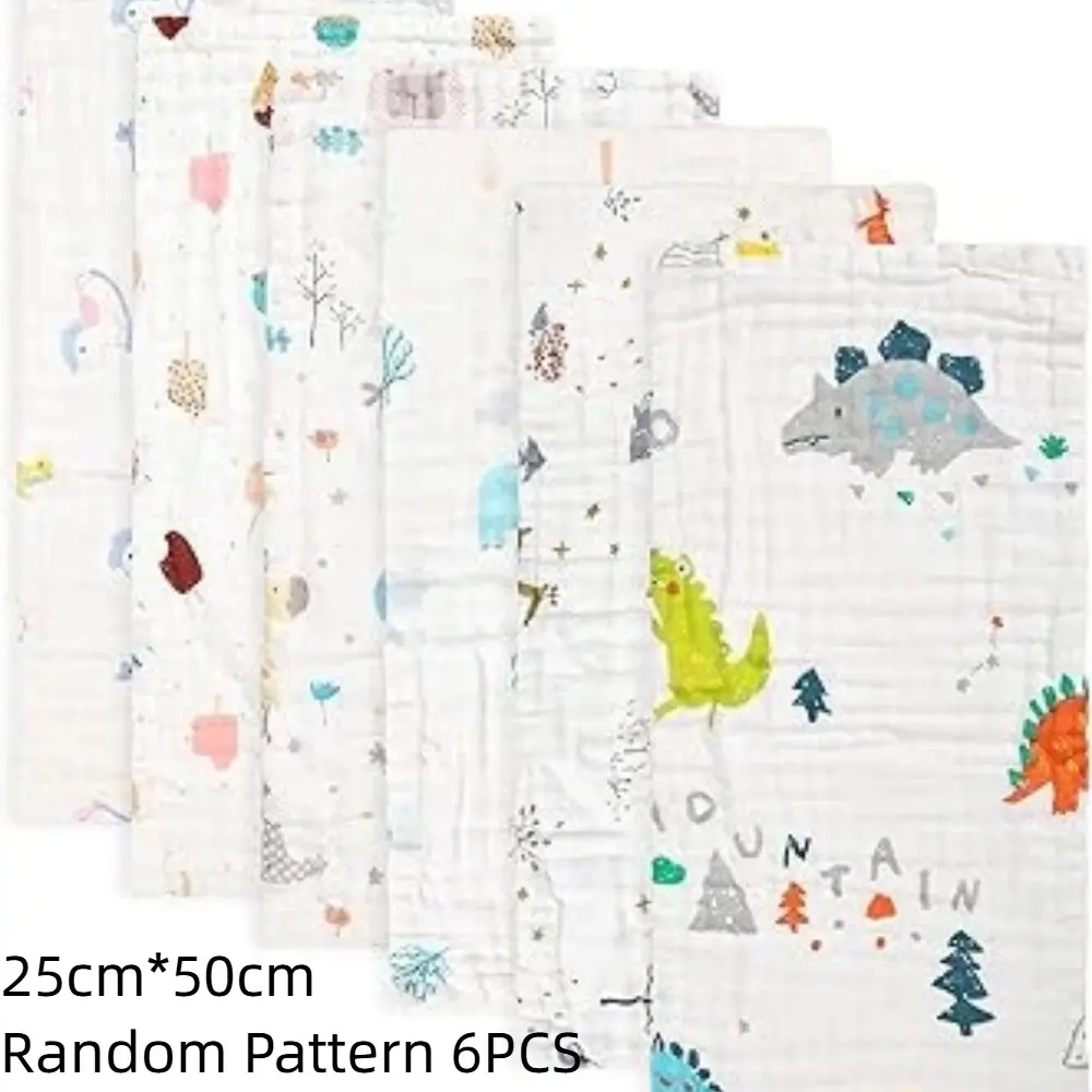 6-Pack High-Density 6-Layer Cotton Clean Face Towels, Towel Set, 25x50cm Handkerchiefs, Random Cartoon Prints, Ideal for Daily Use