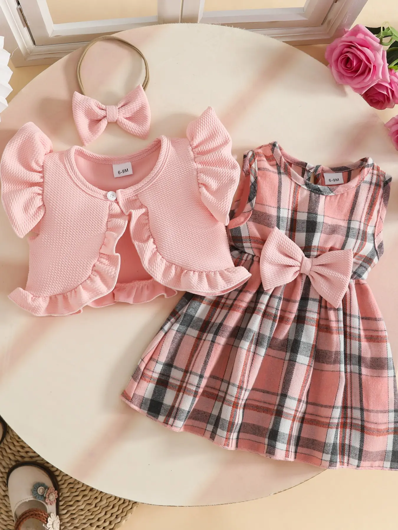 Girls Ruffle Edge Top and Plaid Dress with Bow, Cute Comfortable Girl's Casual Slim-Fitting Clothes Set for Daily Wear Baby Clothing