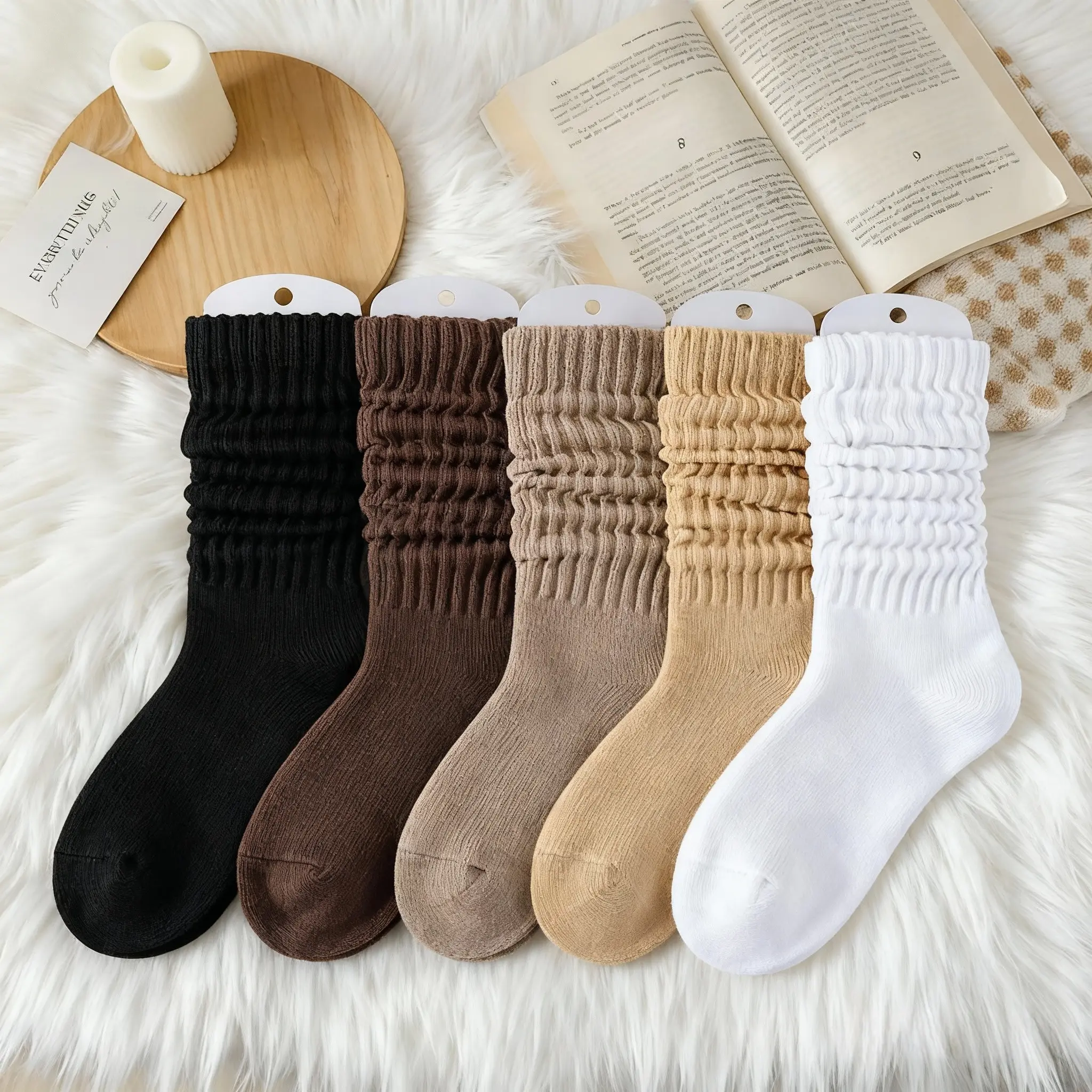 Women's Basic Solid Color Jersey Crew Socks, 5-Pair Pack with Spandex - Soft, Breathable, Warm for Fall Winter Everyday Daily Wear, Minimalist Mid-Calf Bulk Socks, Everyday Wear