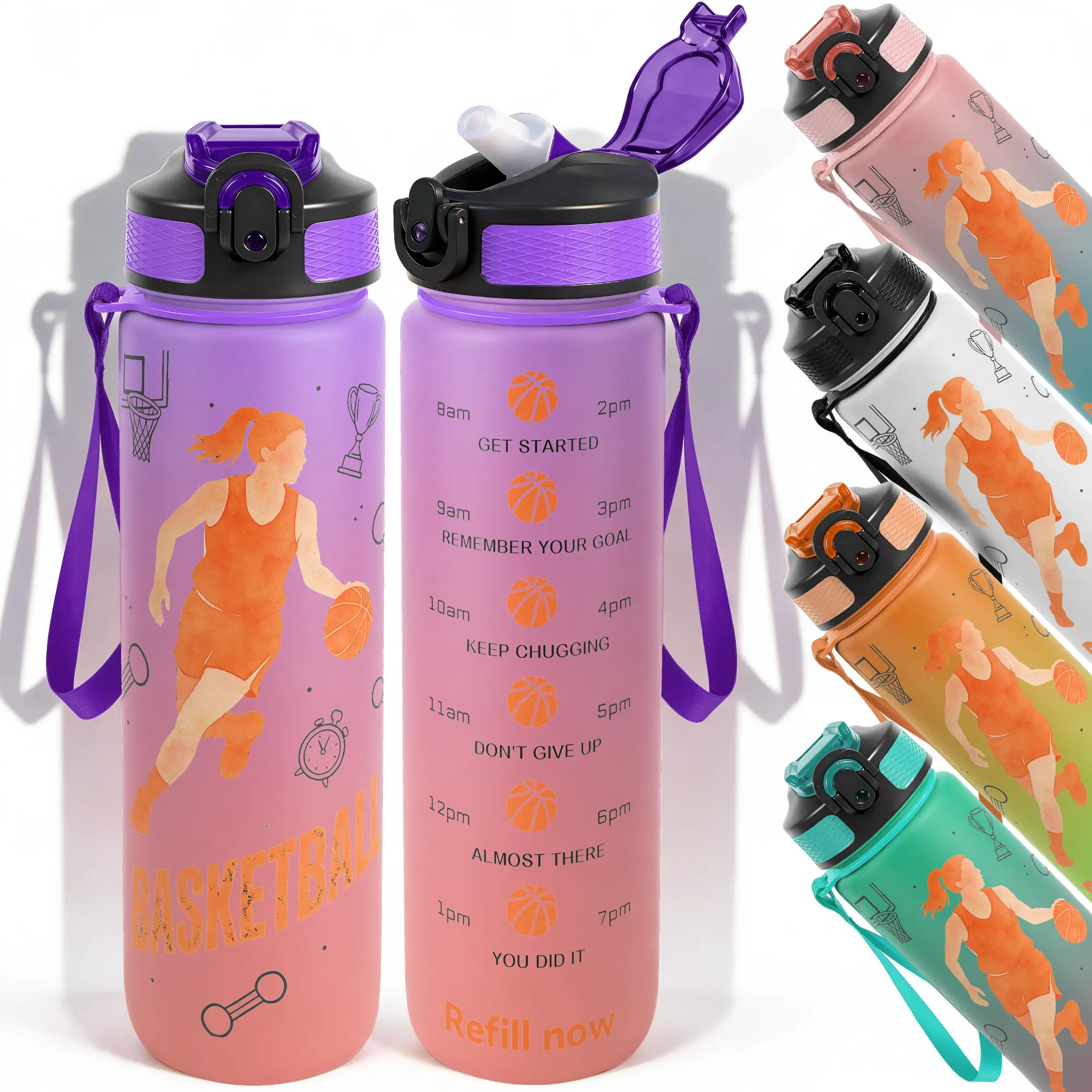1pc,32oz Water Bottle Basketball Player Design Durable  Leak-Proof 1000ml Time Marker Water Bottle - Shatter-Resistant for Sports, Fitness, Hiking & Outdoor Travel - Large Capacity, Ideal Gift