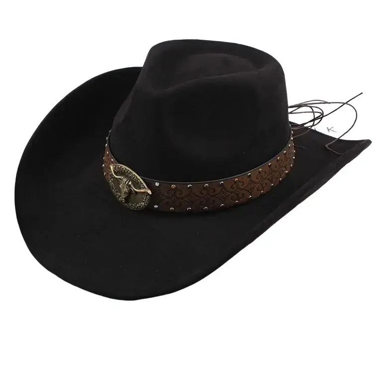 Unisex American Vintage Black Suede Western Cowboy Hat - Metallic Bull Head Decoration, Embossed Leather Band, Wide Brim, Polyester, Sun Protection, All Seasons Outdoor Hat for Cycling Events, Breathable, No