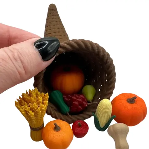 Mini 3D Printed Thanksgiving Cornucopia Horn of Plenty with Fillers- pumpkins, gourds, fruit, fall decor Table