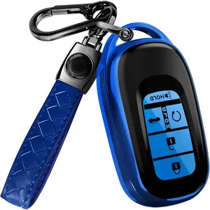 Compatible with Honda Key Fob Cover & Leather Keychain - TPU Keyfob Case for Accord Civic CR-V HR-V Pilot Ridgeline, For 5 Button Remote (2022-2026) - Blue and Black