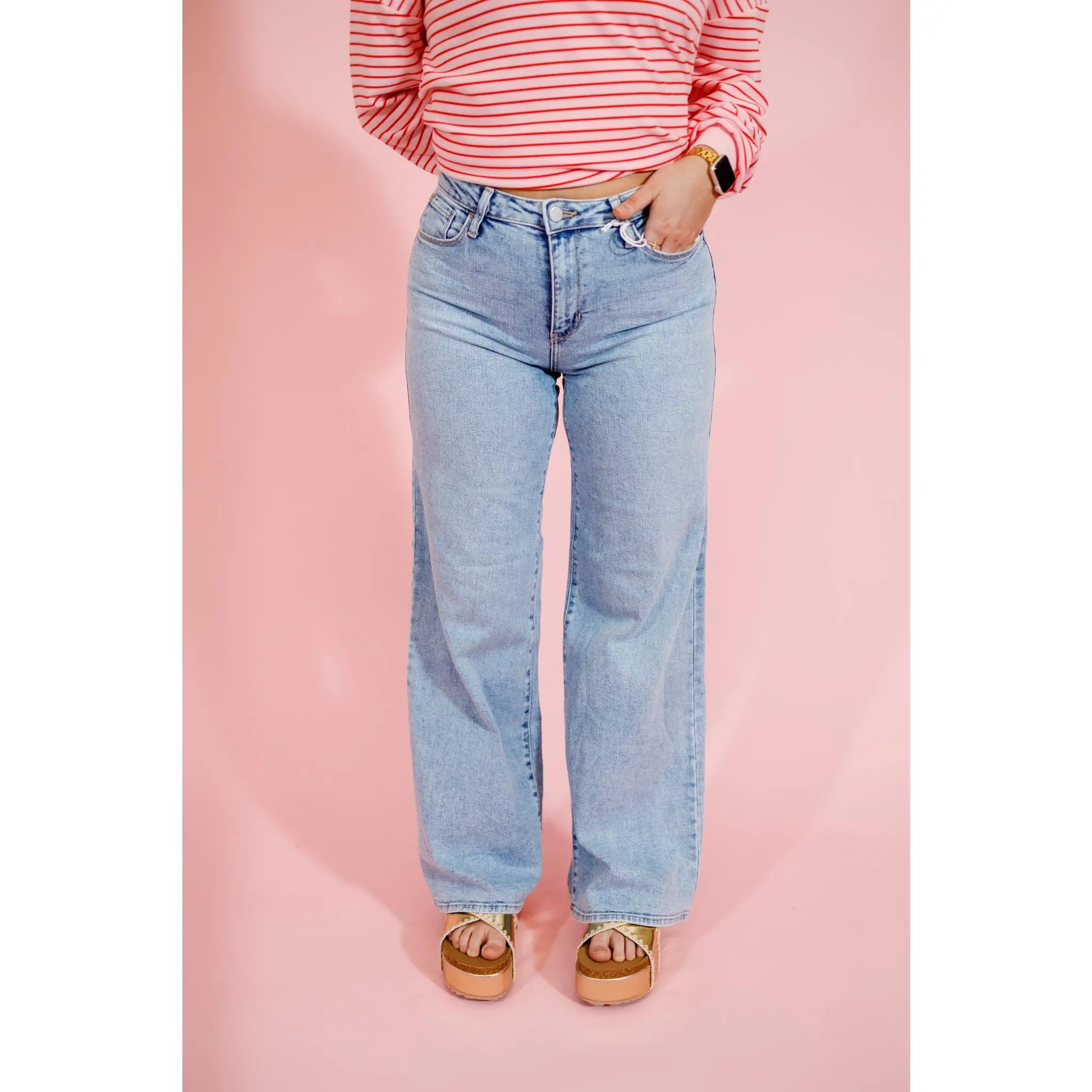 Medium Denim Stretchy Wide Leg Jeans