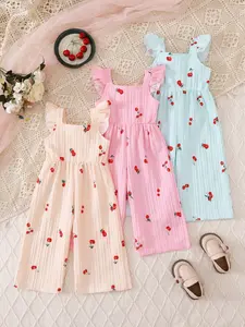 Three-Piece Baby Girl Jumpsuit, Wave Stripe Fabric, Cherry Pattern, Summer Daily Wear, Casual Slim-Fit, Tiktok Shop Holiday Gift