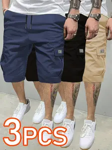 3 pieces 3counts 3pcs Men's Summer Casual Outdoor Athletic Shorts, Wear-Resistant Workwear Pants, Plain Color Cargo Shorts with Multiple Pockets, Elastic Waist