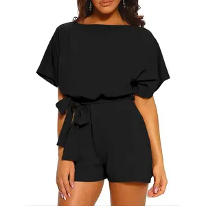 Women's Solid Color Tie Waist Romper, Minimalist Casual Short Sleeve Romper for Spring & Fall, Ladies Clothes for Daily Wear