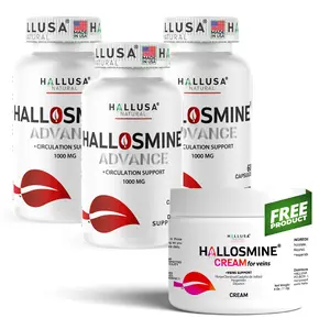 HALLUSA NATURAL HALLOSMINE ADVANCE 1000 mg Circulation Support 180 Capsules & FREE Vein Cream for Leg Relief Dietary Supplement - Fitness