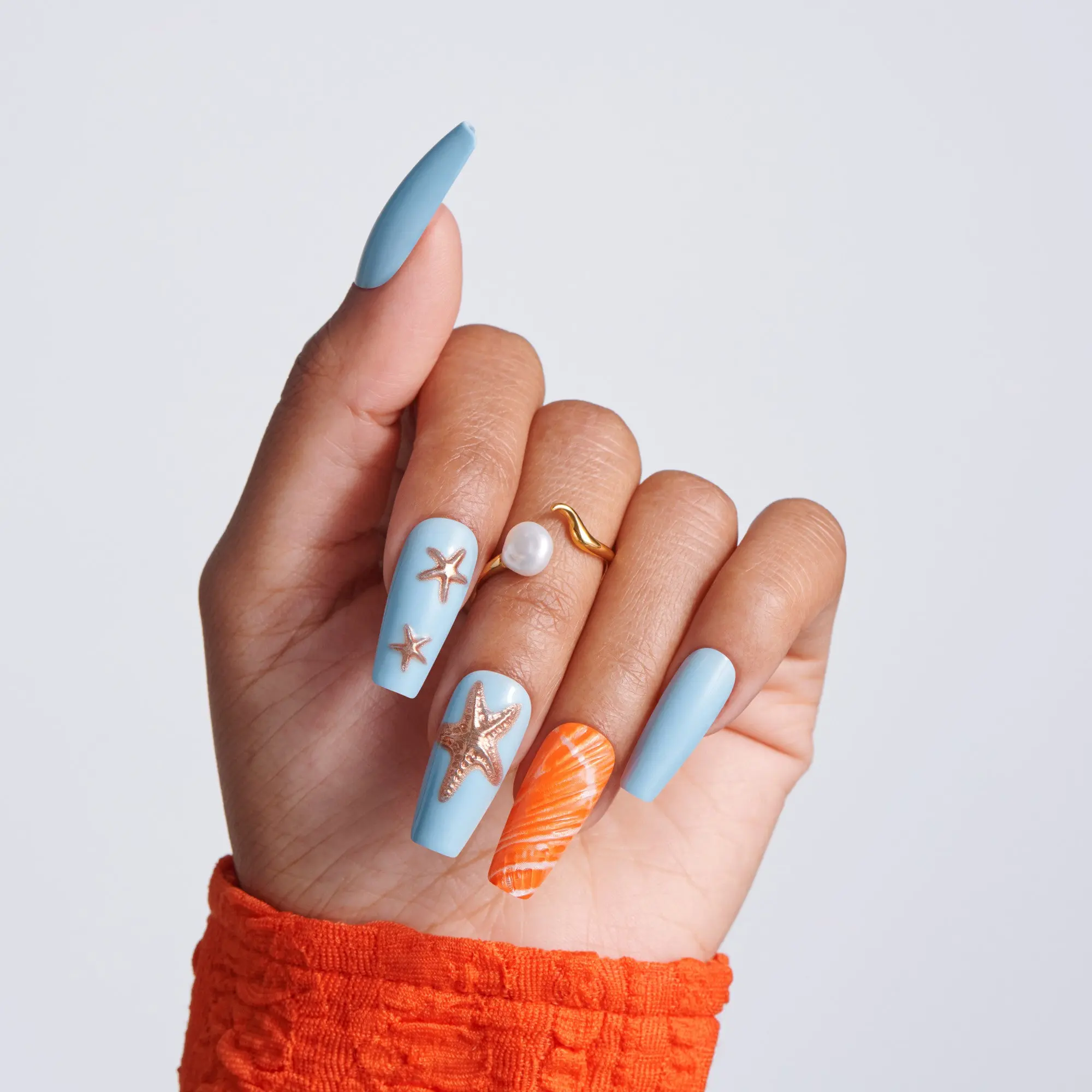 Kiss Glam Jeweled Press On Fake Glue Nails - Tidal Tips | 3D & Jewel Design, Blue & Orange, Long, Coffin