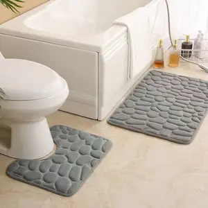 Solid Color Bathroom Mat 2-Piece Set, U-Shaped Toilet Mat and Rectangular Bath Mat, Absorbent