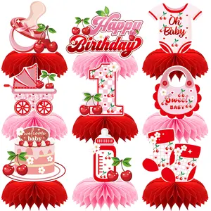 9Pcs ONE Cherry Birthday 3D Honeycomb Centerpieces Decor, First ONE Birthday Party Decorations One Year Old 1st Theme Party Baby Shower Birthday Party Supplies