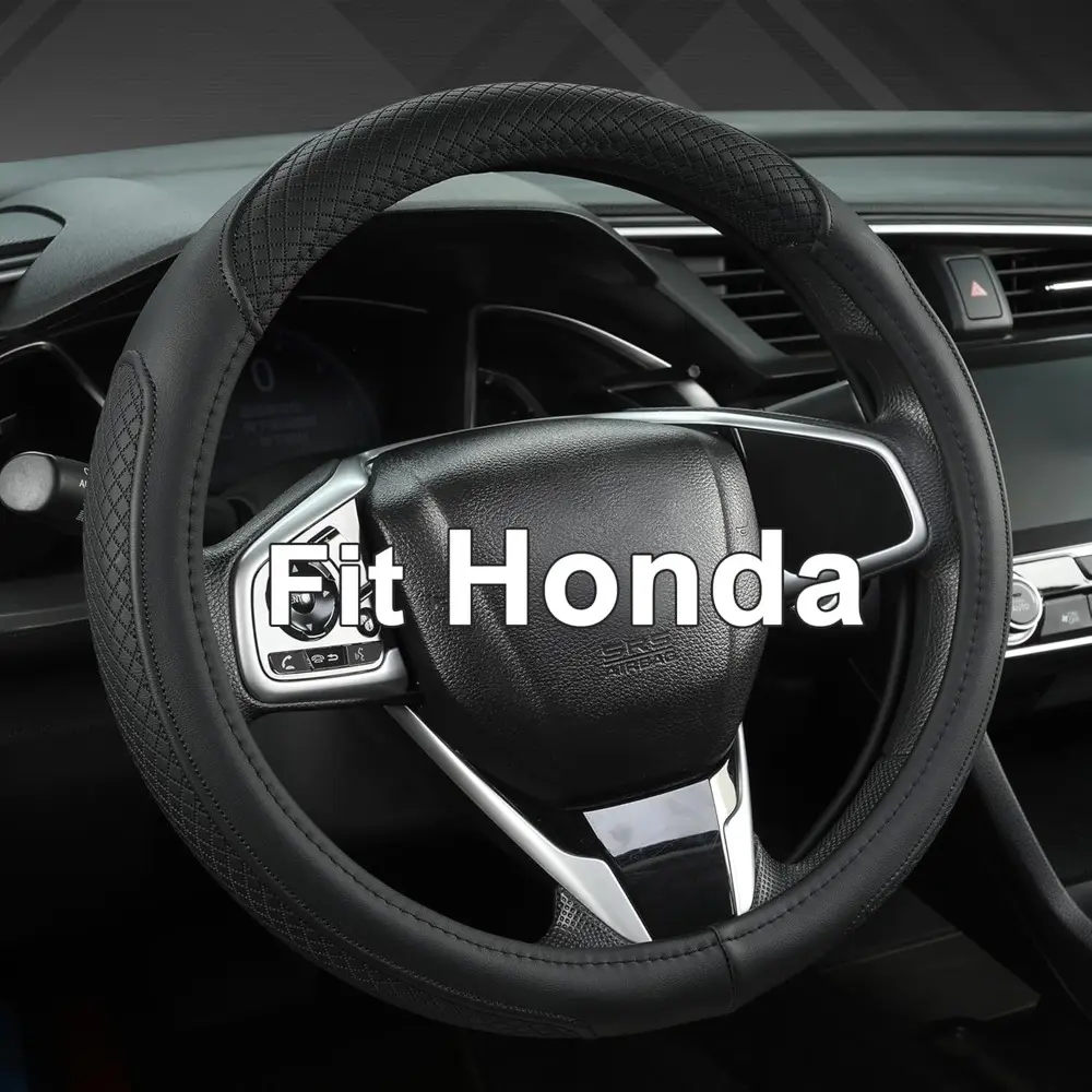 Customized Auto Car Steering Wheel Cover for Honda Accord, Civic, CR-V, HR-V, Pilot, Fit, Passport, Odyssey (14.5-15 in, Black - Standard Size)