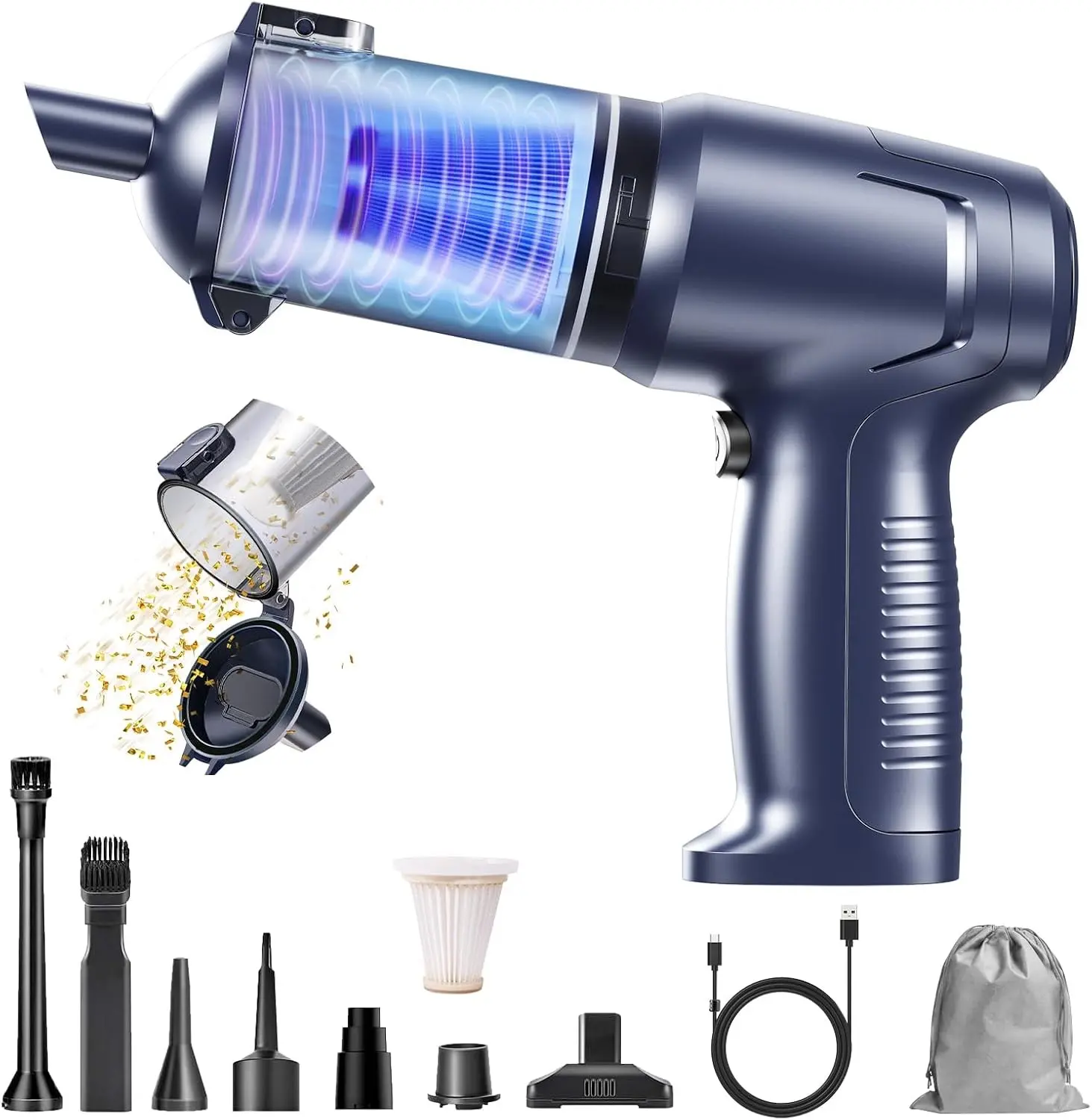 Airflex Pro Car Vacuum Portable Cordless, 20000PA Handheld Vacuum Cleaner, Mini Vacuum Cleaner w/Type-C Fast Charge for Car, Home & Outdoor (Navy Blue)Gift.