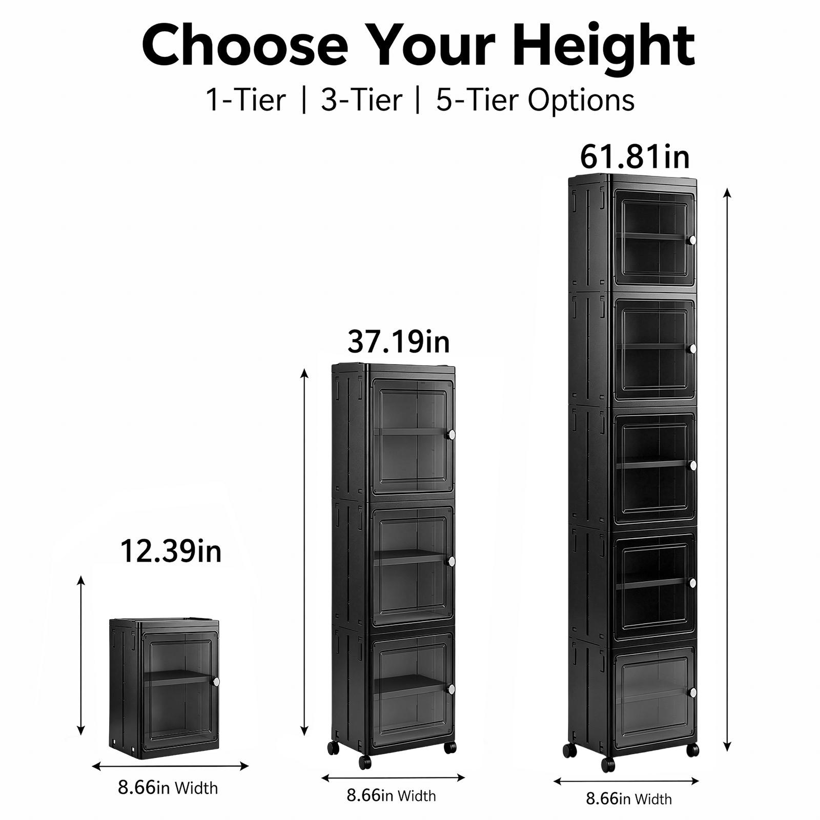 Slim Narrow Foldable Storage Cabinet, Magnetic Transparent Door Tall Organizer with Rolling Lockable Casters, Adjustable Layer Plastic Cabinet for Kitchen Gaps, Bathroom & Laundry Room Home Storage