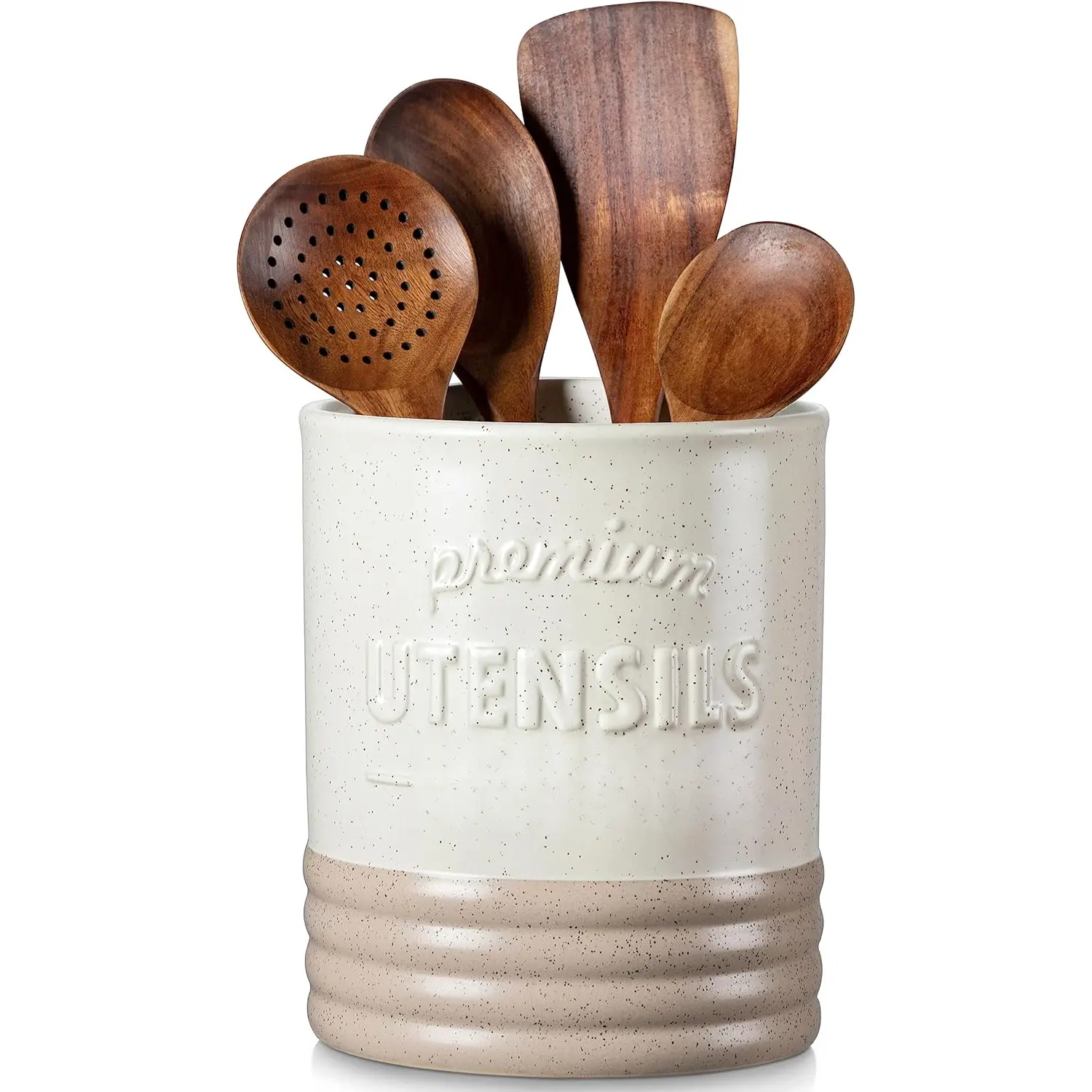 Sabine Utensil Holder, 7.2" Large Utensil Crock for Kitchen Counter, Ceramic Utensil Crock Storage, Matte Cream-Colored Farmhouse Utensil Organizer, Utensil Storage for Home Decor, Gifts