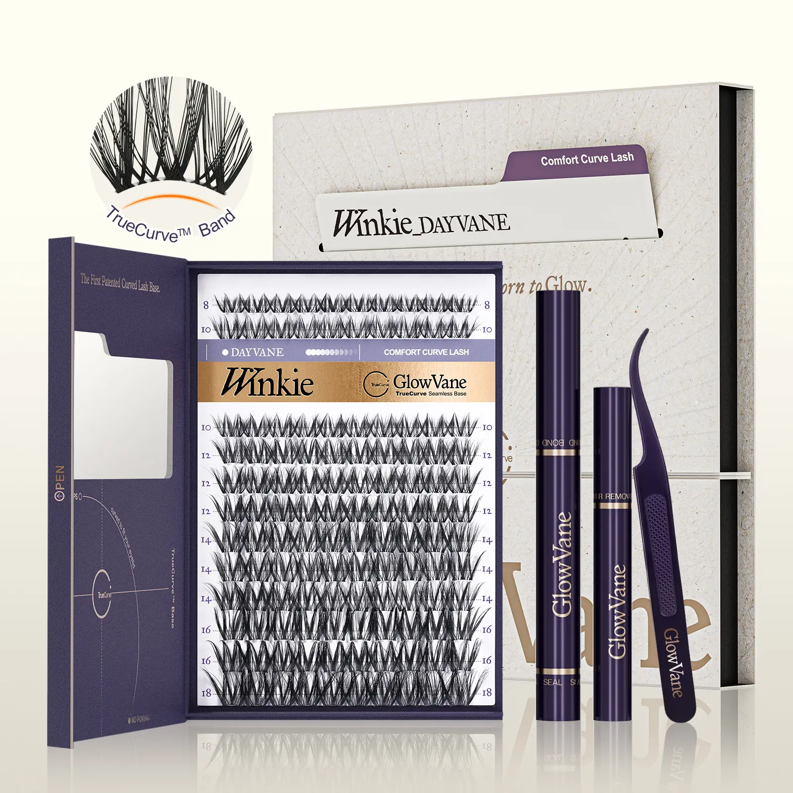 Winkie | GlowVane TrueCurve Lash Clusters Kit Wispy Volume DD Curl 0.03mm Curved Band Soft Lightweight 8-18mm DIY Lash Extensions for Beginners (Winkie)