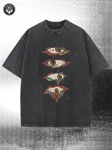 Couple Vintage Washed Printed T Shirt Eye Pattern Embroidery Crew Neck Short Sleeve Loose Fit Straight Hem Graphic Design