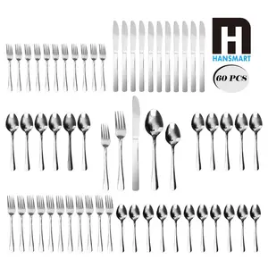 60-Piece Windsor Style Stainless Steel Cutlery Set Service for 12, Smooth Plain Polished Handle Silverware, Dishwasher Safe Tableware for Home Party Restaurant Catering