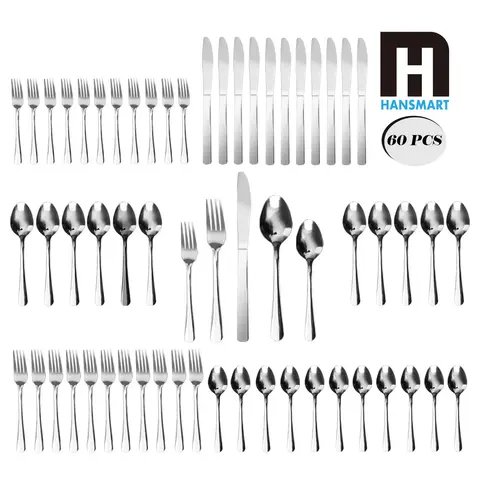 Classic Silver Style 60-Piece Windsor Stainless Steel Dinnerware Set - Service for 12 (Above 11 People), Smooth Plain Polished Handle Cutlery, Dishwasher-Safe, Reusable Dinner Sets, Clean & Less Scrub for Modern Home Gatherings