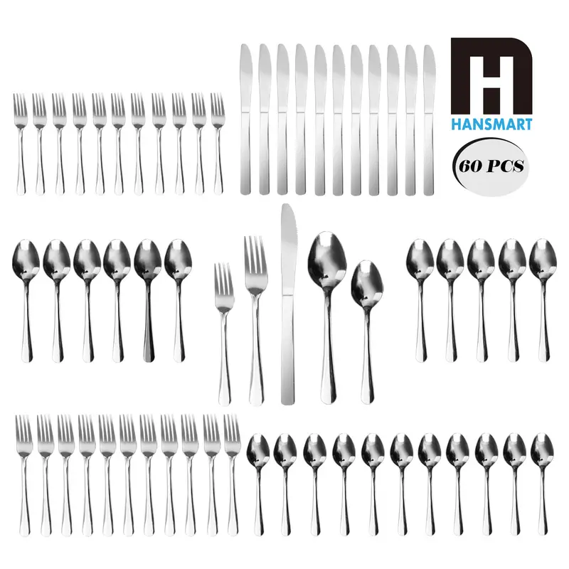 Classic Silver Style 60-Piece Windsor Stainless Steel Dinnerware Set - Service for 12 (Above 11 People), Smooth Plain Polished Handle Cutlery, Dishwasher-Safe, Reusable Dinner Sets, Clean & Less Scrub for Modern Home Gatherings