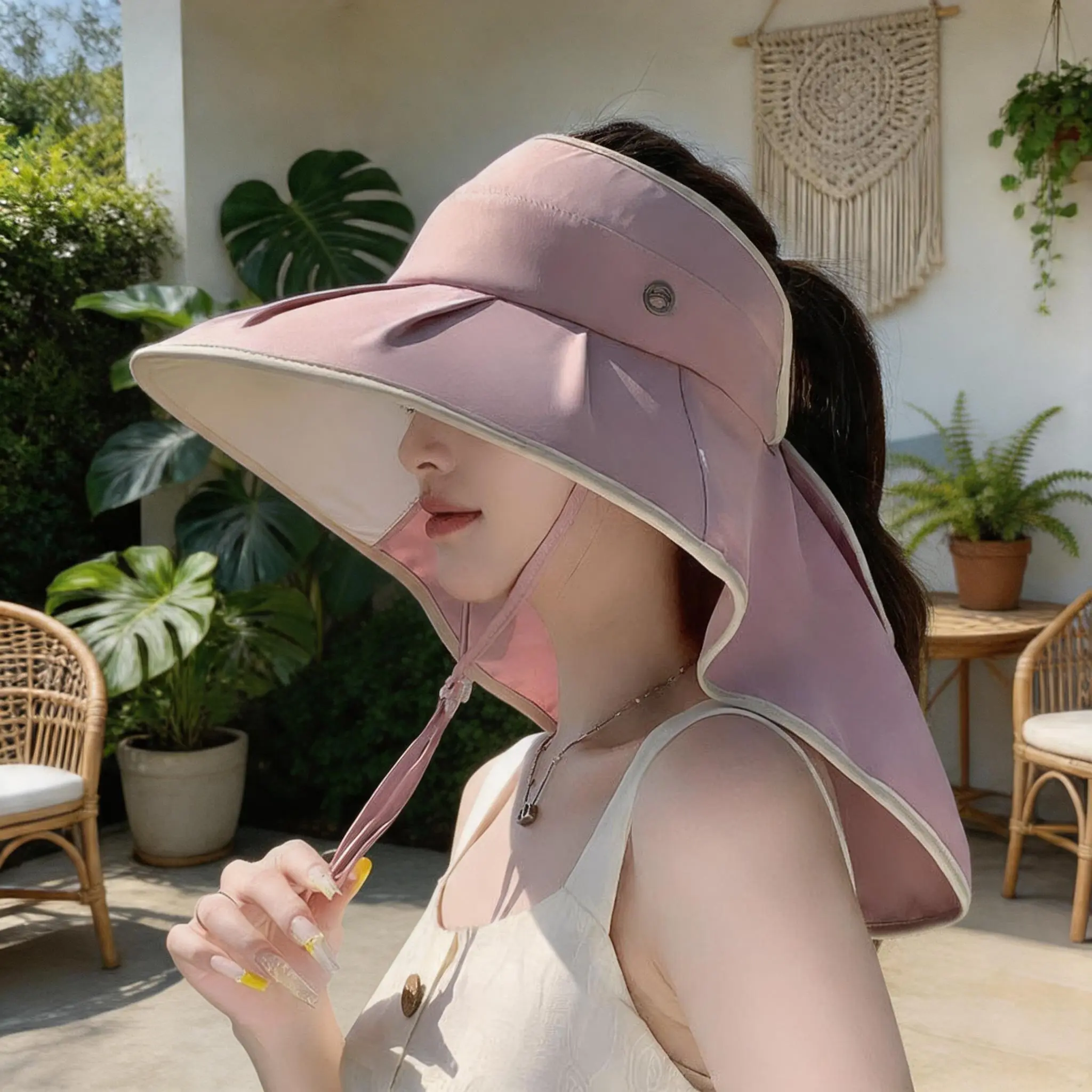 Summer women's UPF50+sun protection empty top hat with neck protection shawl, large brimmed UV resistant ponytail hat, fully enclosed fisherman hat, exclusively for women's outdoor hiking