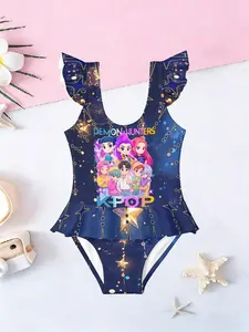 Kids Swimwear Deep Blue Star Element Quick-Dry Ruffle Hem Swimsuit, Girls' Sleeveless Slim-Fitting Casual Bathing Suit