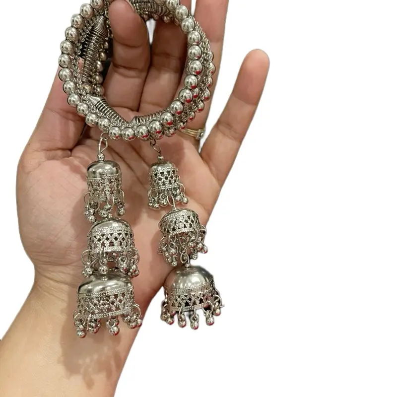 Silver-Tone Oxidized Spiral Motif Bangle with Hanging Latkan - Unisex Traditional Indian Nepali Ethnic Bracelet, Culture-Infused Traditional Wear Fashion Accessory, Folk Bracelets & Bangles