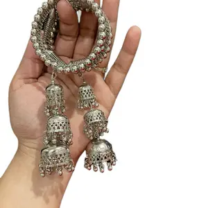 Silver-Tone Oxidized Spiral Bangle with Hanging Latkan, Traditional Indian Nepali Ethnic Jewelry, Elegant Versatile Fashion Bracelet Accessory
